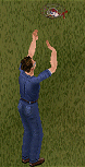 Sim waving to citizens in a flying helicopter